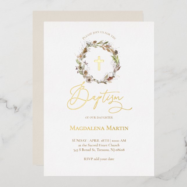 golden details autumn wreath Baptism  Foil Invitation (Front/Back)