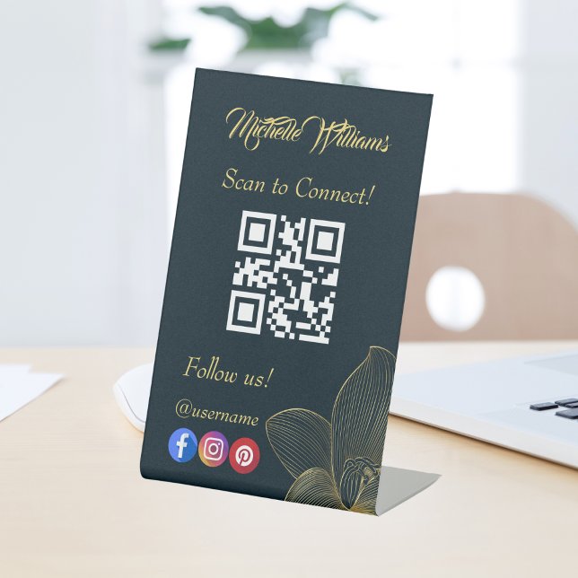 Golden Details Esthetician Qr Code Social Media  Pedestal Sign (Esthetician Black White Gray Grey Qr Code Pedestal Sign)
