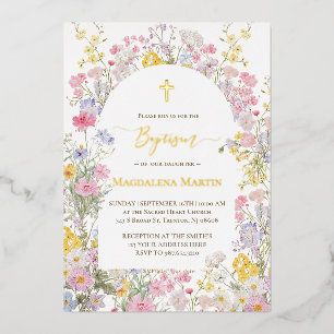 golden details wildflowers Baptism Foil Invitation