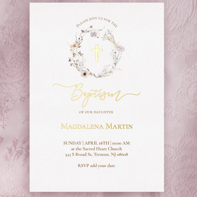 golden details wildflowers wreath Baptism Foil Invitation (Creator Uploaded)