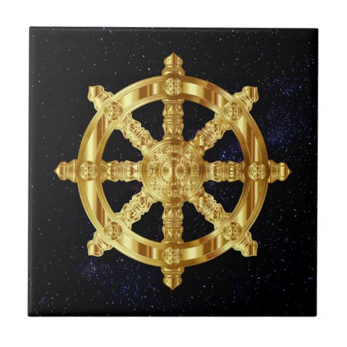 Golden Dharma Wheel Buddhism And Hinduism Symbol Ceramic Tile