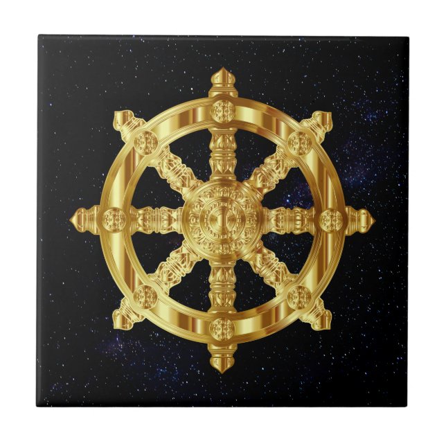 Golden Dharma Wheel Buddhism And Hinduism Symbol Ceramic Tile (Front)