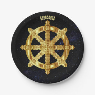 Golden Dharma Wheel Buddhism And Hinduism Symbol Paper Plates
