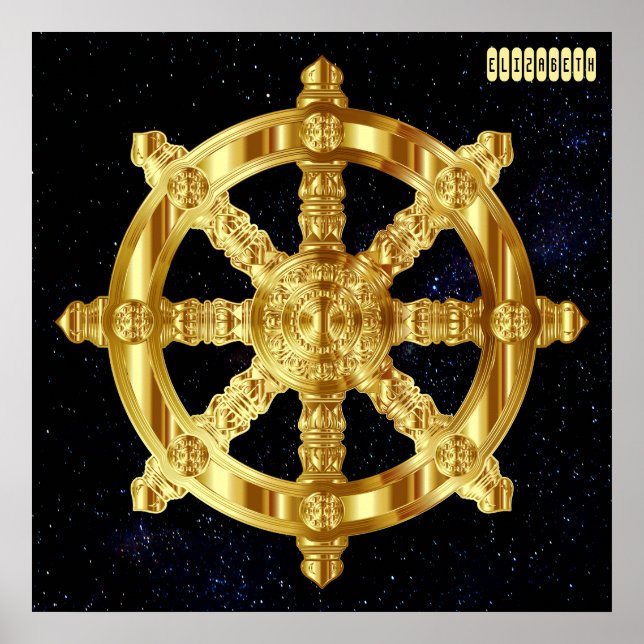 Golden Dharma Wheel Buddhism And Hinduism Symbol Poster (Front)
