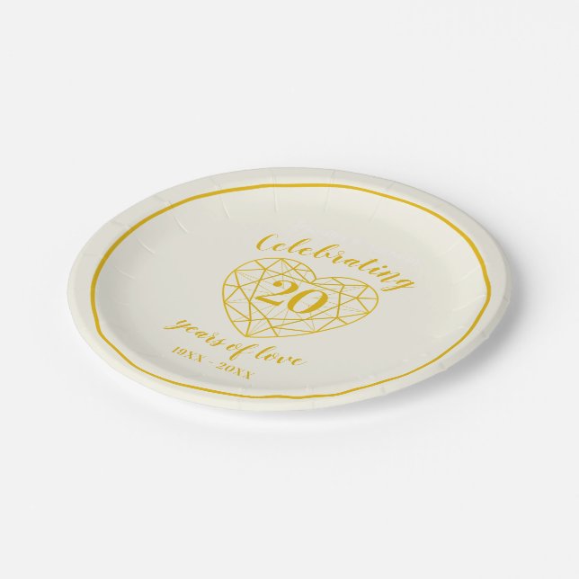 Golden diamond anniversary 20 years custom party paper plates (Angled)