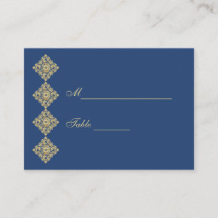 Golden Diamond Damask Blue Table Place Setting Card