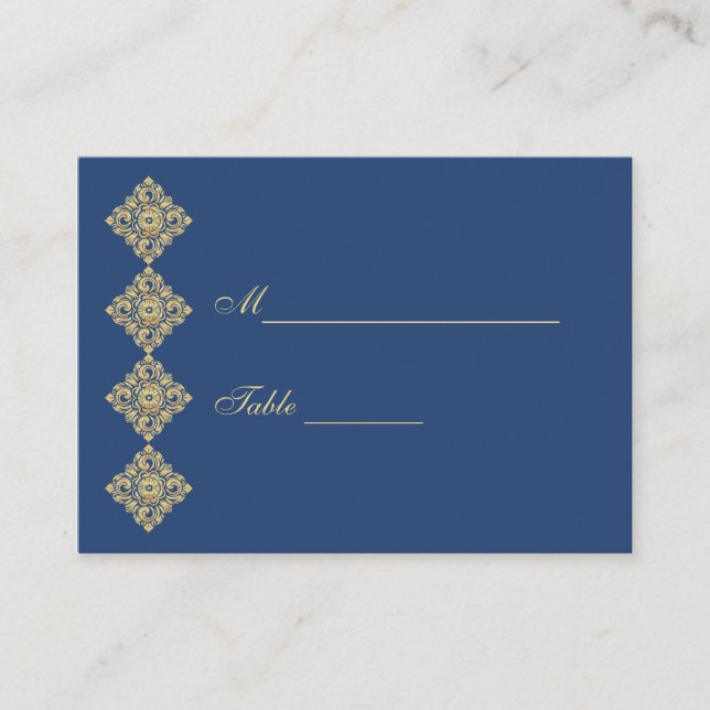Golden Diamond Damask Blue Table Place Setting Place Card (Front)