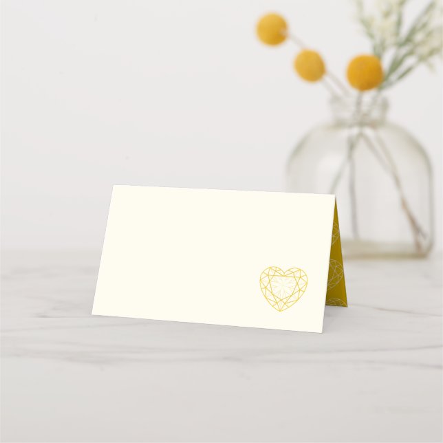 Golden diamond heart gem line art place cards (Front)