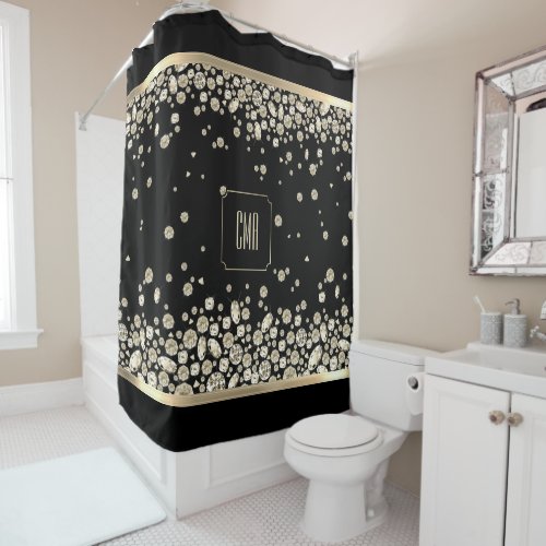 Golden Diamond Jewels on a Black Background Shower Curtain