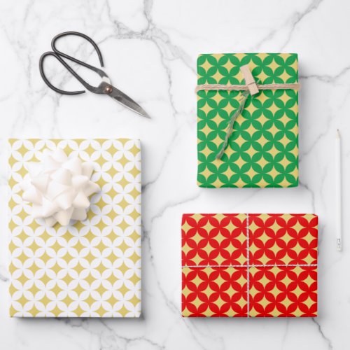 Golden Diamond Star on Green Red  White Wrapping Paper Sheets