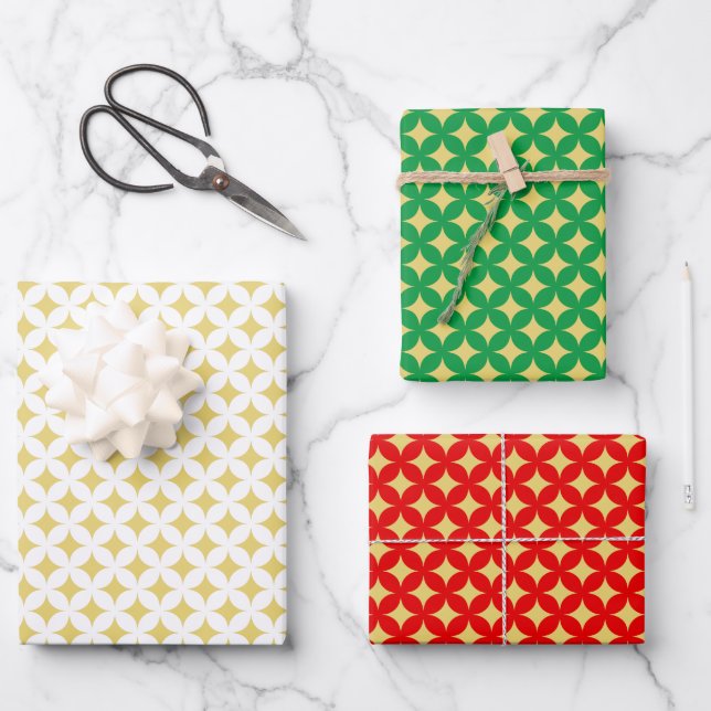 Golden Diamond Star on Green, Red & White Wrapping Paper Sheets (Front)
