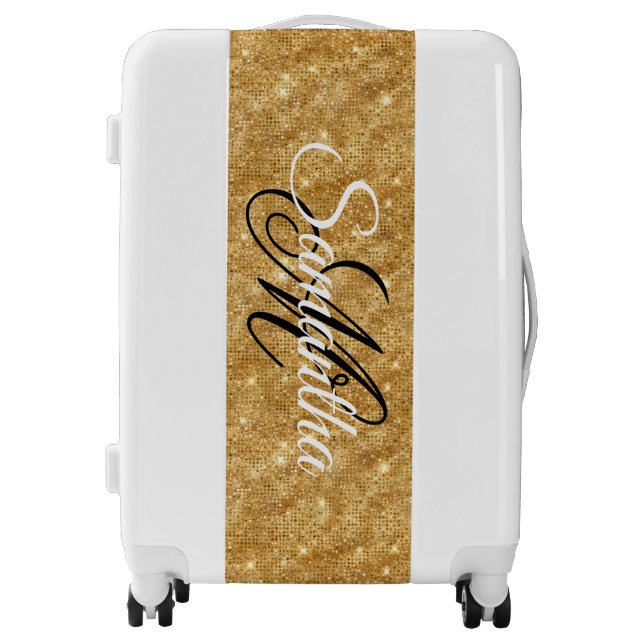 Golden Diamond Studded Foil Fancy Monogram Luggage (Front)