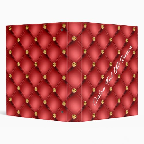 Golden Diamond Tufted Leather Custom Text Name Red 3 Ring Binder