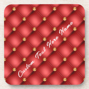 Golden Diamond Tufted Leather Custom Text Name Red Beverage Coaster