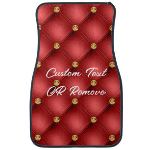 Golden Diamond Tufted Leather Custom Text Name Red Car Floor Mat