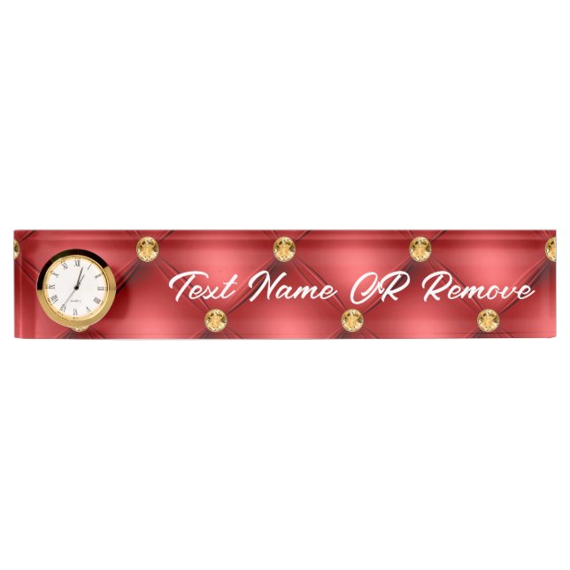 Golden Diamond Tufted Leather Custom Text Name Red Desk Name Plate (Front)