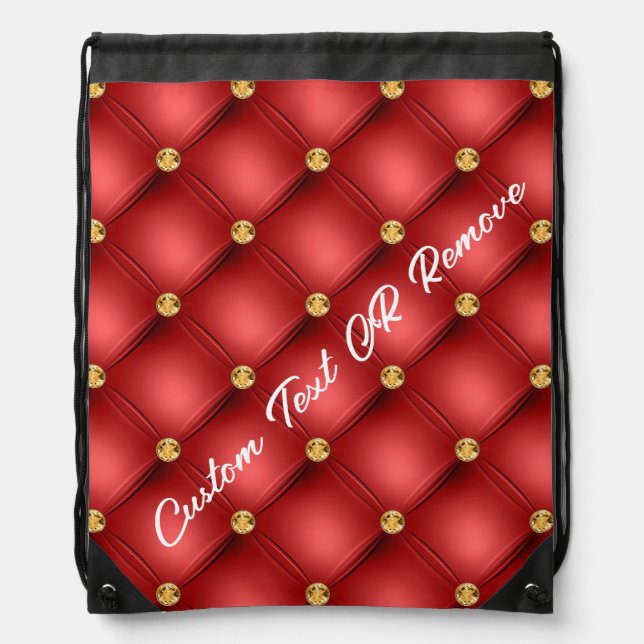 Golden Diamond Tufted Leather Custom Text Name Red Drawstring Bag (Front)