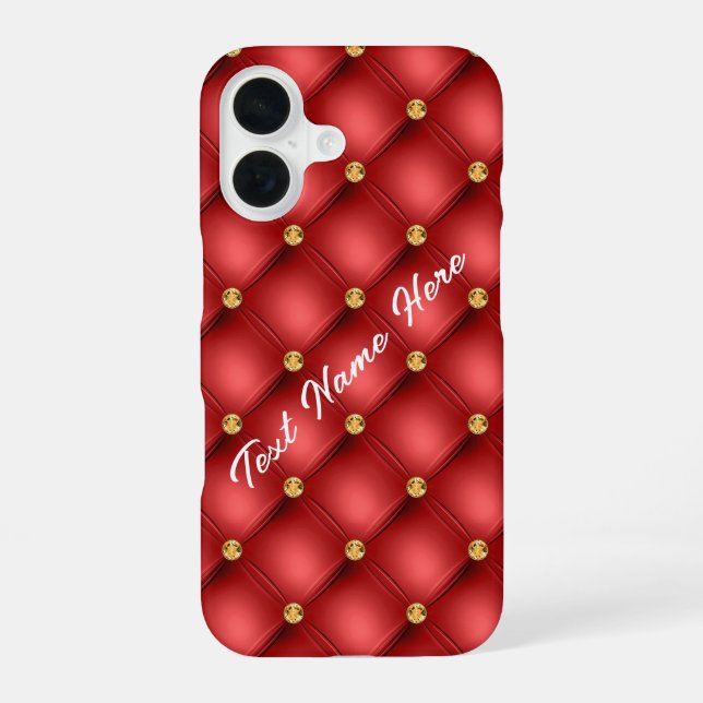 Golden Diamond Tufted Leather Custom Text Name Red iPhone Case (Back)