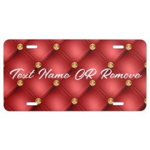 Golden Diamond Tufted Leather Custom Text Name Red License Plate