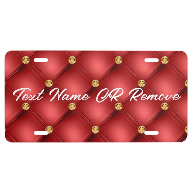 Golden Diamond Tufted Leather Custom Text Name Red License Plate (Front)
