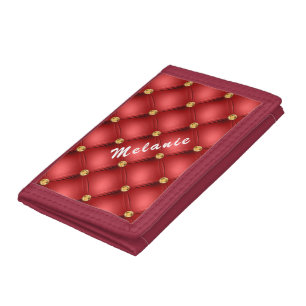 Golden Diamond Tufted Leather Custom Text Name Red Tri-fold Wallet