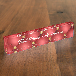 Golden Diamond Tufted Leather Your Text Name Red Desk Name Plate