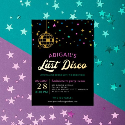 Golden Disco Ball Stars Bachelorette Last Disco Foil Invitation