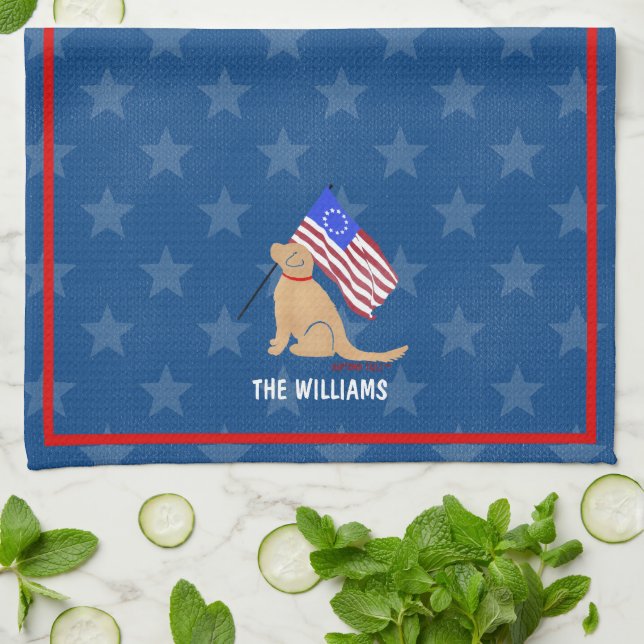 Golden Dog American Flag Night Sky Kitchen Towel (Folded)