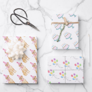 Golden Dog Birthday Hat Balloons Cake Pet Fun Wrapping Paper Sheets