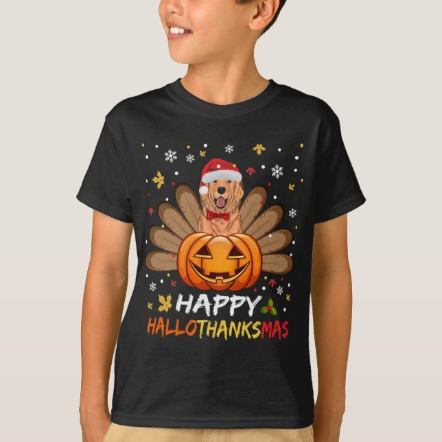 Golden Dog Happy Hallothanksmas Halloween Thanksgi T-Shirt (Front)
