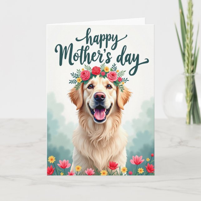 Golden Dog Mothers Day Floral Card (Front)