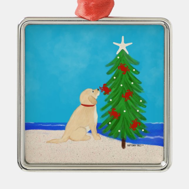Golden Dog Wishes Square Christmas Ornament (Front)