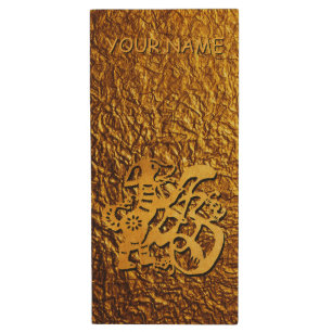 Golden Dog Year Chinese Papercut personalized USB Wood Flash Drive