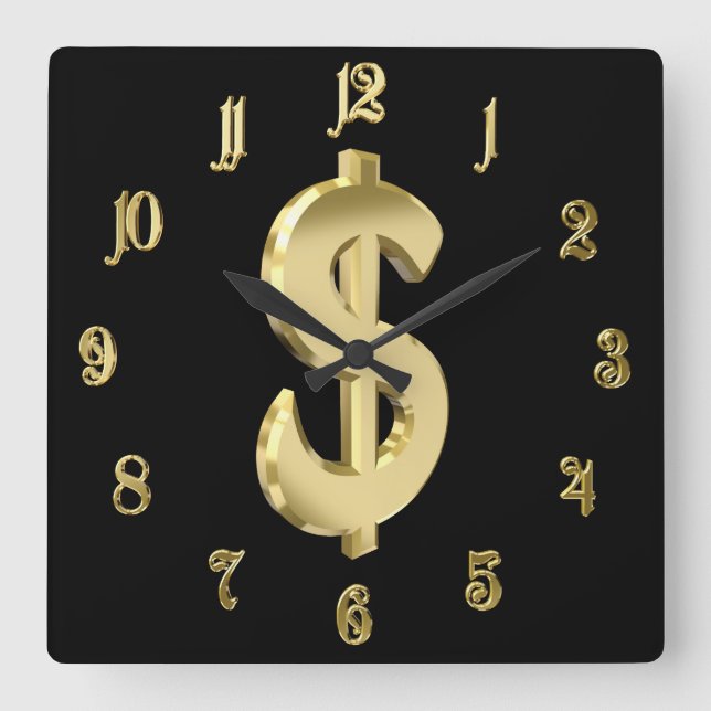 Golden dollar sign square wall clock (Front)