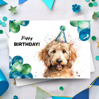 Golden Doodle Balloons and Party Hat Dog Birthday Card