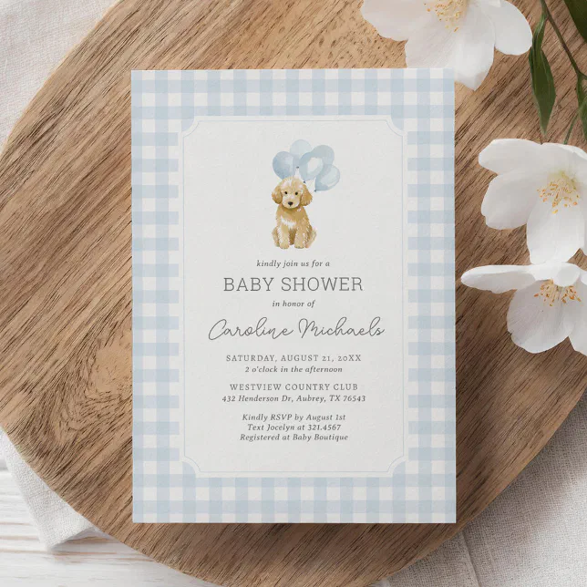 Golden Doodle Blue Gingham Baby Shower Invitation | Zazzle