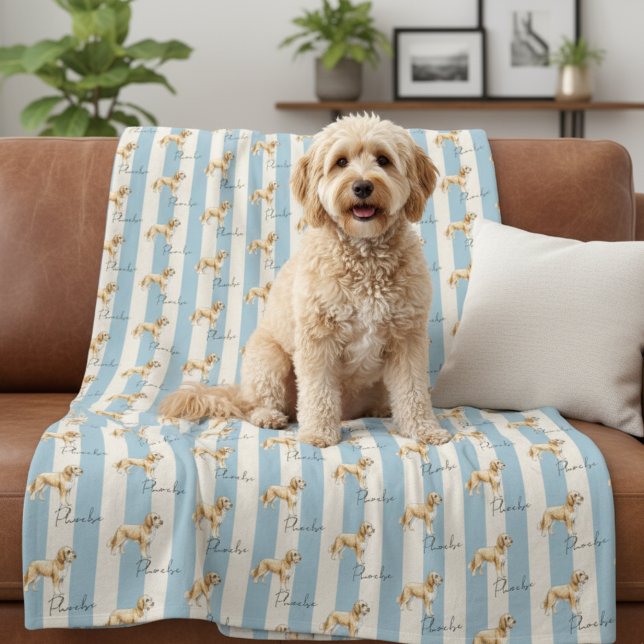 Golden Doodle Blue Stripe Pet Name Fleece Blanket (Get cozy with this "Custom Blue Stripe Golden Doodle Pet Name Fleece Blanket"!)