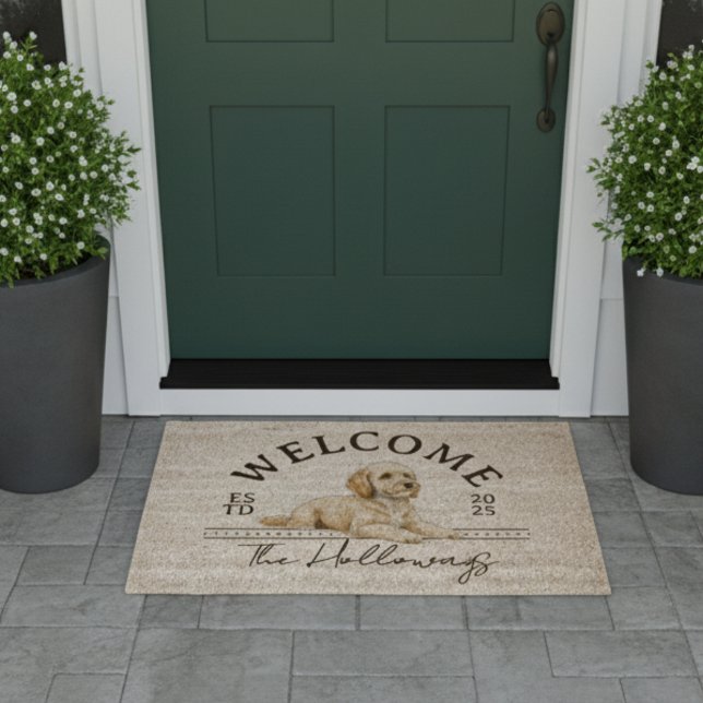 Golden Doodle Custom Family Name Welcome Fiber Doormat (Welcome guest to your loving, pet friendly home with this Golden Doodle Family Name Welcome Mat!)
