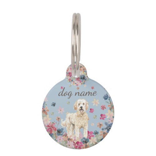 Golden doodle cute floral blue elegant pet ID tag