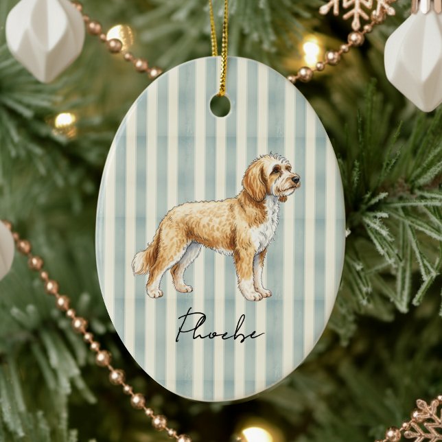 Golden Doodle Dog Christmas Ceramic Ornament (Celebrate the holidays with this timeless, vintage striped pet portrait! )