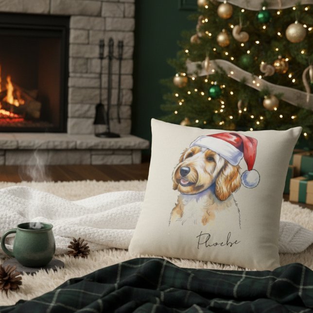 Golden Doodle Dog Christmas Illustration Pet Name Throw Pillow (Add a special touch to your Christmas tree with this custom pet portrait throw pillow! )