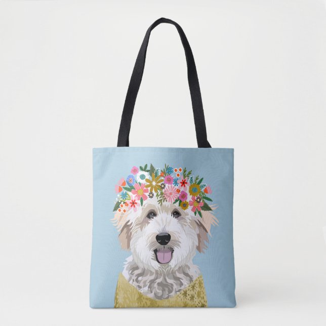 Golden Doodle Dog Flower Crown Illustration Tote Bag (Front)