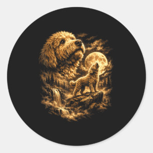Golden doodle dog howling moon fantasy forrest classic round sticker