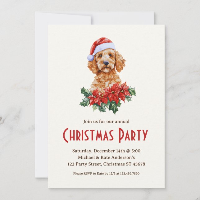 Golden Doodle Dog in a Santa Hat Christmas Party Invitation (Front)
