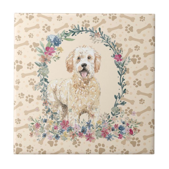 Golden Doodle Dog Paw Print Floral Cute Beige Ceramic Tile (Front)