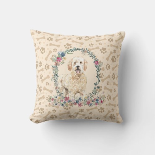 Golden Doodle Dog Paw Print  Floral Cute Throw Pillow