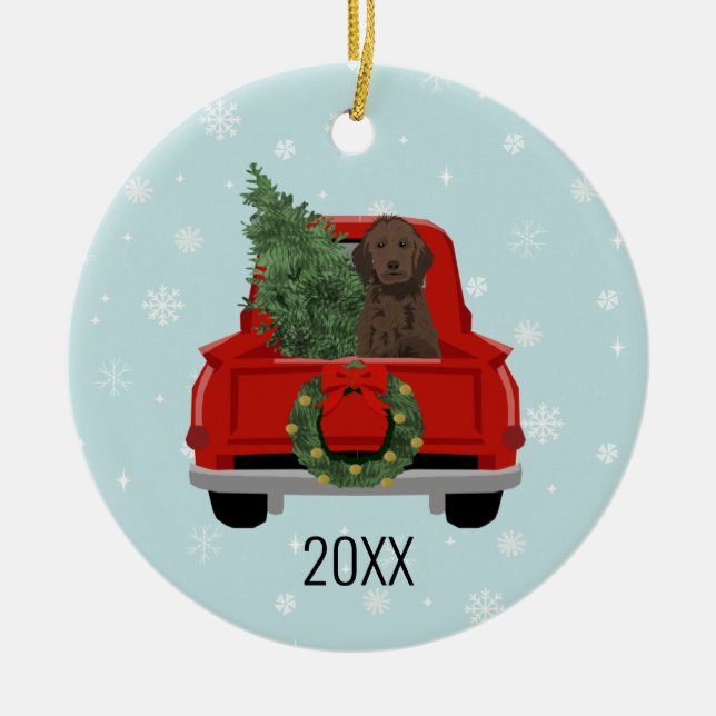 Golden Doodle Dog Red Christmas Truck Ceramic Ornament (Front)