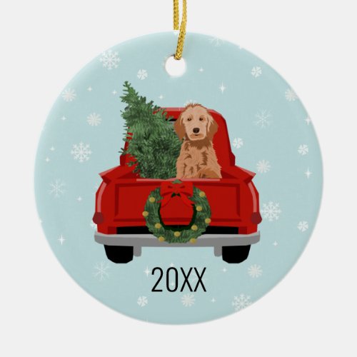 Golden Doodle Dog Red Christmas Truck Ornament