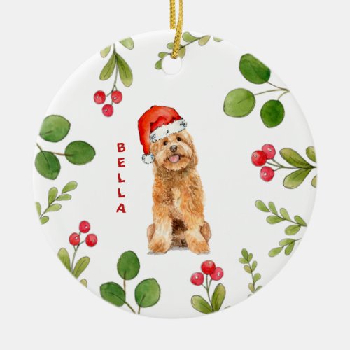 Golden doodle dog with Santa Hat   Ceramic Ornament