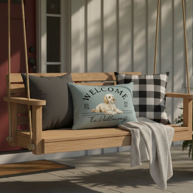 Golden Doodle Family Name Welcome Accent Pillow (Welcome guests to your home with this Golden Doodle Custom Family Name Welcome Throw Pillow!)